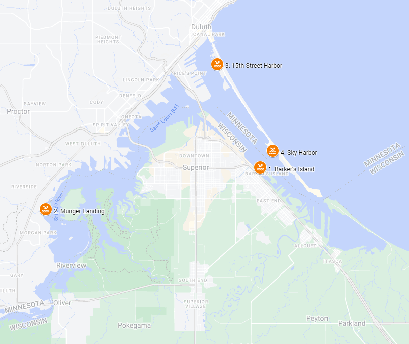 Map of public swimming locations in the St. Louis River Estuary. Credit: Kelsey Prihoda/Minnesota Sea Grant.