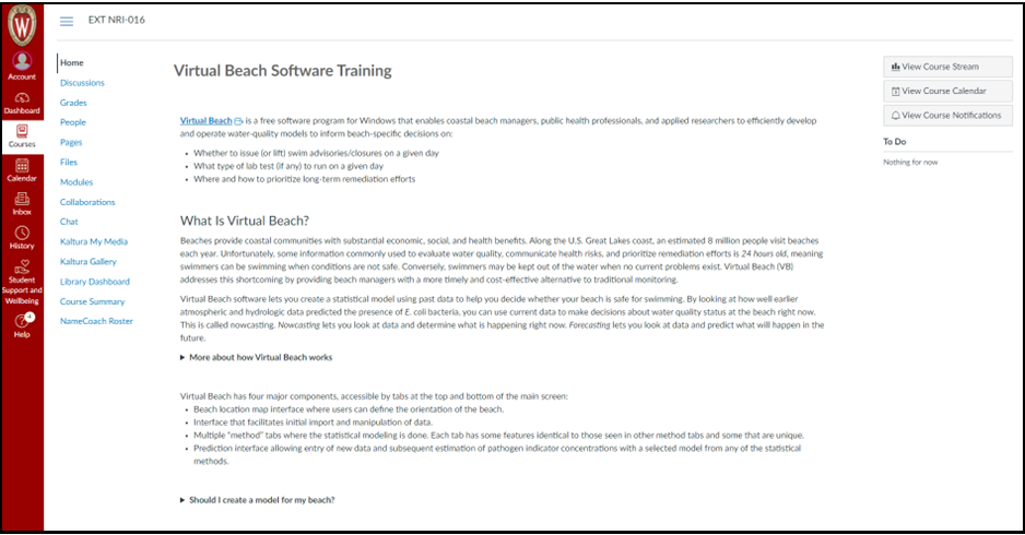 Screenshot of training course for Virtual Beach