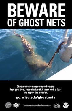 Beware of Ghost Nets poster showing a ghost net in water