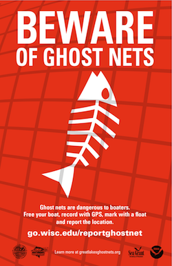 Beware of Ghost Nets poster, orange, showing the outline of the skeleton of a fish