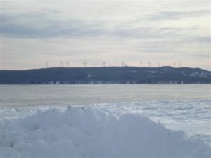 Shoreline of Lake Ontario showing wind turbines in the disatnce
