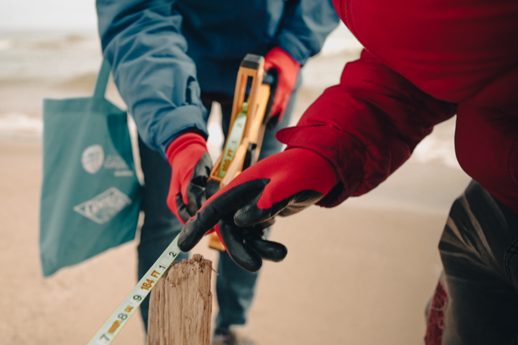 A piece of driftwood has been inserted vertically into a sandy beach at the waterline. One person holds a reel tape measure. Another individual uses their index finger to point to the 184 feet 2-inch mark on the measuring tape. This is the current beach width.
